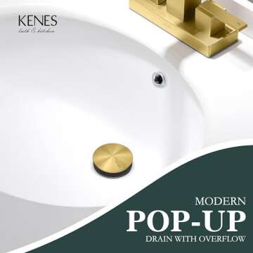 KENES Brushed Gold Pop Up Bathroom Sink Drain with Overflow Assembly with Strainer Lavatory Vanity Vessel Pop Up Drain Stopper