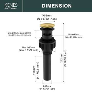 KENES Brushed Gold Pop Up Bathroom Sink Drain with Overflow Assembly with Strainer Lavatory Vanity Vessel Pop Up Drain Stopper