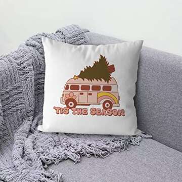 KEUSPI Groovy Retro Boho Christmas Ornaments Decor Pillowcase,Hippie VW Van Bus Tis The Season Xmas Christmas Tree Decor Decorative Throw Pillow Cover 18x18,Christmas Winter Decorations Pillow Cover
