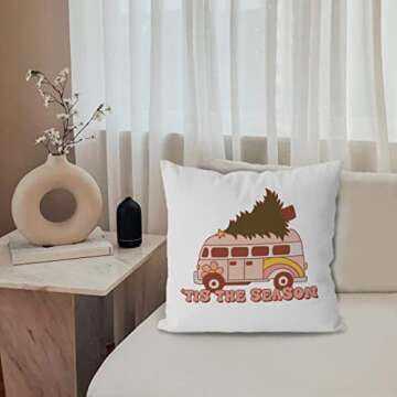 KEUSPI Groovy Retro Boho Christmas Ornaments Decor Pillowcase,Hippie VW Van Bus Tis The Season Xmas Christmas Tree Decor Decorative Throw Pillow Cover 18x18,Christmas Winter Decorations Pillow Cover