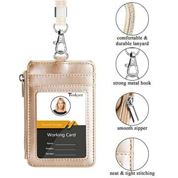 Teskyer Badge Holder with Side Zip Pocket, Multiple Card Slots Leather ID Holder Wallet with Neck Lanyard for Office Staffs, Teachers/Students, Couriers, Workers, Gold