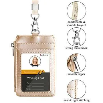 Teskyer Badge Holder with Side Zip Pocket, Multiple Card Slots Leather ID Holder Wallet with Neck Lanyard for Office Staffs, Teachers/Students, Couriers, Workers, Gold