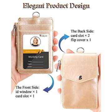 Teskyer Badge Holder with Side Zip Pocket, Multiple Card Slots Leather ID Holder Wallet with Neck Lanyard for Office Staffs, Teachers/Students, Couriers, Workers, Gold