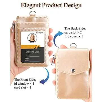 Teskyer Badge Holder with Side Zip Pocket, Multiple Card Slots Leather ID Holder Wallet with Neck Lanyard for Office Staffs, Teachers/Students, Couriers, Workers, Gold