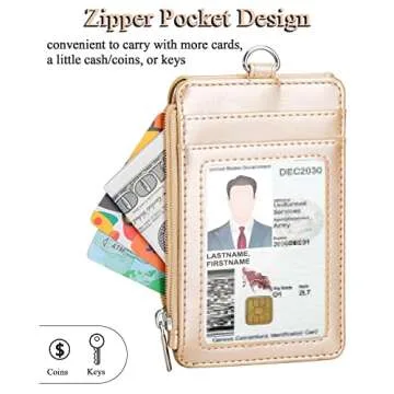 Teskyer Badge Holder with Side Zip Pocket, Multiple Card Slots Leather ID Holder Wallet with Neck Lanyard for Office Staffs, Teachers/Students, Couriers, Workers, Gold