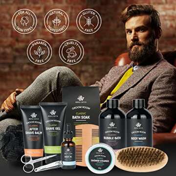 Bath Gift Set 14Pcs Beard Grooming, Bath & Body Spa Kit w/Beard Oil, Beard Balm, Beard Brush, Beard Comb, Beard Scissors, Storage Bag, Beard Growth Care for Men, Dad, Husband