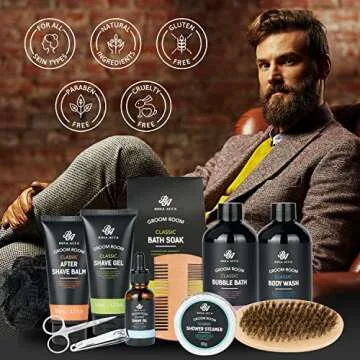 Bath Gift Set 14Pcs Beard Grooming, Bath & Body Spa Kit w/Beard Oil, Beard Balm, Beard Brush, Beard Comb, Beard Scissors, Storage Bag, Beard Growth Care for Men, Dad, Husband