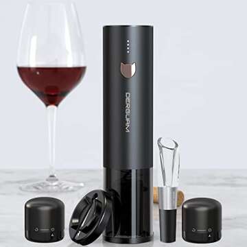 [2023 Christmas Gifts] DERGUAM Electric Wine Opener, ALL-IN-ONE Rechargeable Electric Wine Bottle Opener Set with Wine Stopper, Wine Aerator & Foil Cutter, One-click Button Wine Opener, Metal