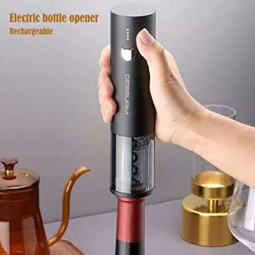 [2023 Christmas Gifts] DERGUAM Electric Wine Opener, ALL-IN-ONE Rechargeable Electric Wine Bottle Opener Set with Wine Stopper, Wine Aerator & Foil Cutter, One-click Button Wine Opener, Metal