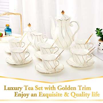 DUJUST 22 pcs White Porcelain Tea Set for 6, Luxury British Style Tea/Coffee Cup Set with Golden Trim, Beautiful Tea Set for Women, Tea Party Set, Gift Package (With a Stand)