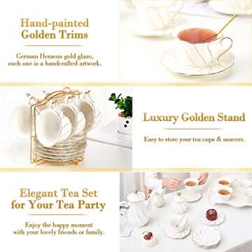 DUJUST 22 pcs White Porcelain Tea Set for 6, Luxury British Style Tea/Coffee Cup Set with Golden Trim, Beautiful Tea Set for Women, Tea Party Set, Gift Package (With a Stand)