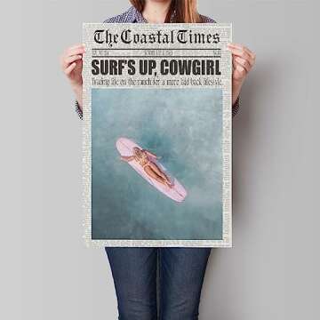 nghtuiyocw Beach Canvas Wall Art, Coastal Cowgirl Aesthetic Room Decor Poster, Surfer Girl Preppy Pi...