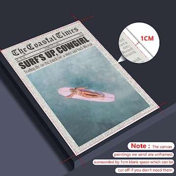 nghtuiyocw Beach Canvas Wall Art, Coastal Cowgirl Aesthetic Room Decor Poster, Surfer Girl Preppy Pink Surfboard Print, Newspaper Summer Beachy Surfing Pictures for Teen Girl Dorm 12x16in Unframed