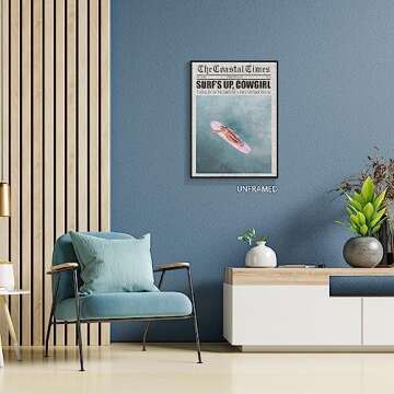 nghtuiyocw Beach Canvas Wall Art, Coastal Cowgirl Aesthetic Room Decor Poster, Surfer Girl Preppy Pink Surfboard Print, Newspaper Summer Beachy Surfing Pictures for Teen Girl Dorm 12x16in Unframed