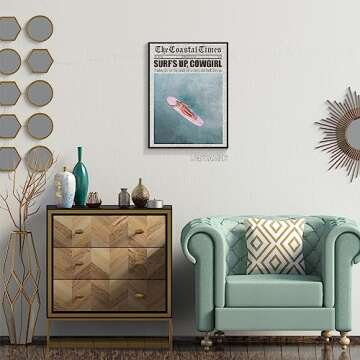 nghtuiyocw Beach Canvas Wall Art, Coastal Cowgirl Aesthetic Room Decor Poster, Surfer Girl Preppy Pink Surfboard Print, Newspaper Summer Beachy Surfing Pictures for Teen Girl Dorm 12x16in Unframed