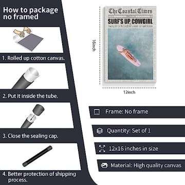 nghtuiyocw Beach Canvas Wall Art, Coastal Cowgirl Aesthetic Room Decor Poster, Surfer Girl Preppy Pink Surfboard Print, Newspaper Summer Beachy Surfing Pictures for Teen Girl Dorm 12x16in Unframed