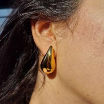 Teardrop Chunky Gold Earrings, Lightweight 18K Gold Plated Hoop Earrings Dupe for Women, Hypoallergenic Trendy Statement Hollow Earrings