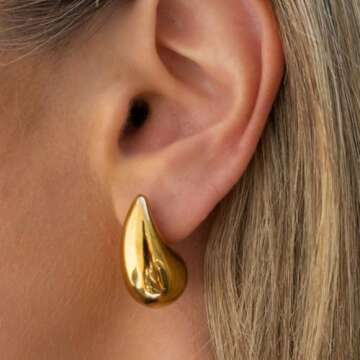 Teardrop Chunky Gold Earrings, Lightweight 18K Gold Plated Hoop Earrings Dupe for Women, Hypoallergenic Trendy Statement Hollow Earrings