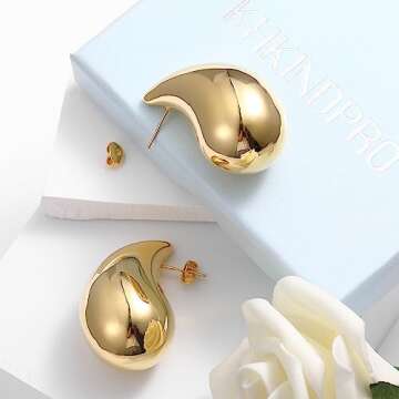 Teardrop Chunky Gold Earrings, Lightweight 18K Gold Plated Hoop Earrings Dupe for Women, Hypoallergenic Trendy Statement Hollow Earrings
