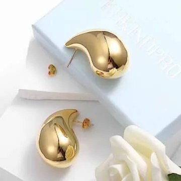 Teardrop Chunky Gold Earrings, Lightweight 18K Gold Plated Hoop Earrings Dupe for Women, Hypoallergenic Trendy Statement Hollow Earrings