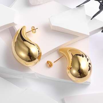 Teardrop Chunky Gold Earrings, Lightweight 18K Gold Plated Hoop Earrings Dupe for Women, Hypoallergenic Trendy Statement Hollow Earrings