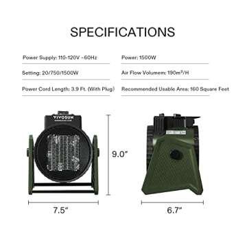 VIVOSUN Portable Greenhouse Heater, 1500W/750W Electric Heater, 3 Modes for Fast Heating, Overheat P...