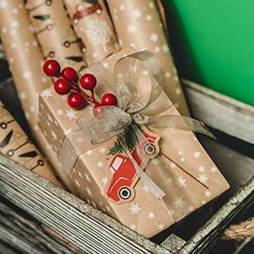 RUSPEPA Christmas Wrapping Paper, Kraft Paper - Cars, Trees and Star Style Designs - 4 Rolls - 30 in...