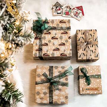 RUSPEPA Christmas Wrapping Paper, Kraft Paper - Cars, Trees and Star Style Designs - 4 Rolls - 30 inches x 10 feet per Roll
