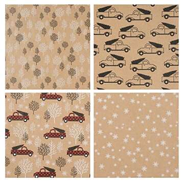 RUSPEPA Christmas Wrapping Paper, Kraft Paper - Cars, Trees and Star Style Designs - 4 Rolls - 30 inches x 10 feet per Roll
