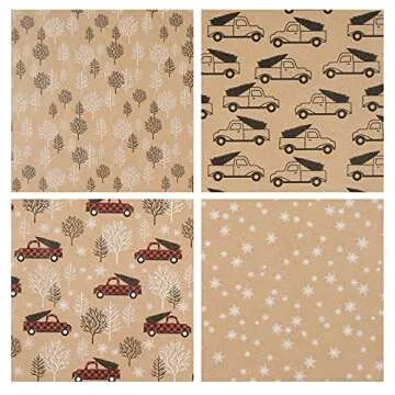 RUSPEPA Christmas Wrapping Paper, Kraft Paper - Cars, Trees and Star Style Designs - 4 Rolls - 30 inches x 10 feet per Roll