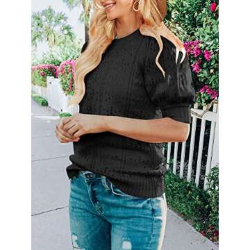 MEROKEETY Women's 2025 Spring Puff Short Sleeve Sweater Tops Pointelle Lightweight Pullover Shirts B...