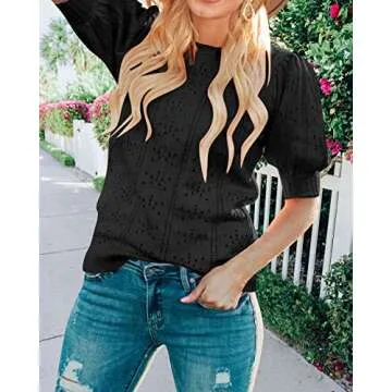 MEROKEETY Women's 2025 Spring Puff Short Sleeve Sweater Tops Pointelle Lightweight Pullover Shirts Black