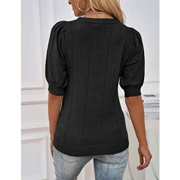 MEROKEETY Women's 2025 Spring Puff Short Sleeve Sweater Tops Pointelle Lightweight Pullover Shirts Black