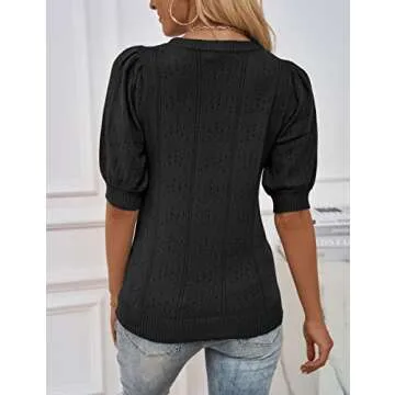 MEROKEETY Women's 2025 Spring Puff Short Sleeve Sweater Tops Pointelle Lightweight Pullover Shirts Black