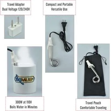 Portable Immersion Water Heater - 300W - Dual Voltage for Travel