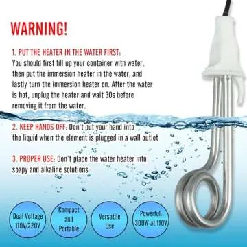 Portable Immersion Water Heater - 300W - Dual Voltage for Travel