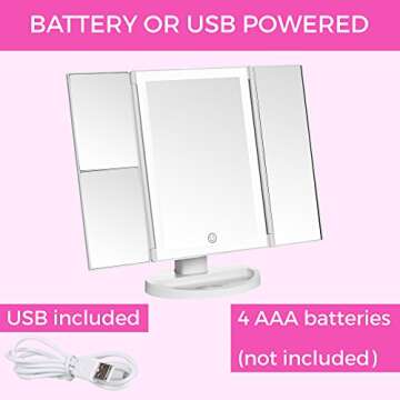 Absolutely Luvly Trifold Vanity Mirror with Lights | LED Makeup Mirror with Lights and Touch Screen Dimming - 1x 2X 3X Magnification - Portable Lighted Makeup Mirror | Great Vanity Mirror with Lights