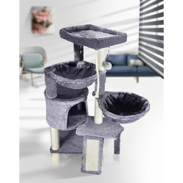 Deluxe Grey Cat Tree with Hammocks for Playful Kittens