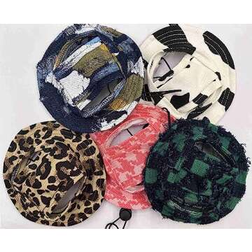 Round Pet Cap Stripe Pet Cat Bucket Hat Sun Cap with Ear Holes for Cats Outdoor Sun Protection Pet Caps for Small Medium Cats Dogs (Green Check, Small)