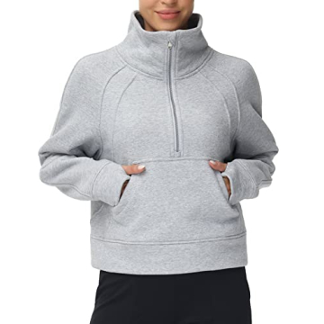 THE GYM PEOPLE Women's Half Zip Pullover Sweatshirt Fleece Stand Collar Crop Sweatshirt with Pockets Thumb Hole Grey