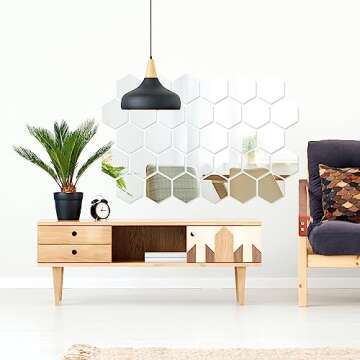 Shappy 32 Pcs Hexagon Mirror Wall Stickers Removable Silver Acrylic Mirror Stickers Honeycomb Wall Decals for DIY Home Art Bedroom Living Room Wall Decoration(18.4 x 16 x 9.2 cm)
