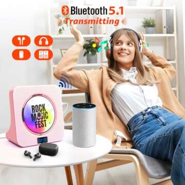 Desktop CD Player with Speakers, ROADOM Bluetooth CD Player with Hi-Fi Stereo Sound, Remote Control, Supports CD/Bluetooth/FM Radio/USB/AUX/Timer/Repeat