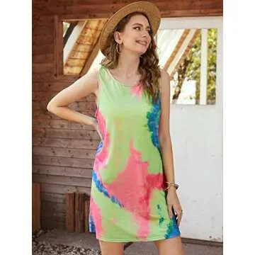 ZANZEA Women Sleeveless T Shirt Dress Tie Dye Casual Tunic Tops Swing Mini Beach Cover up Tank Dress Colorful 4