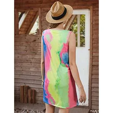 ZANZEA Women Sleeveless T Shirt Dress Tie Dye Casual Tunic Tops Swing Mini Beach Cover up Tank Dress Colorful 4