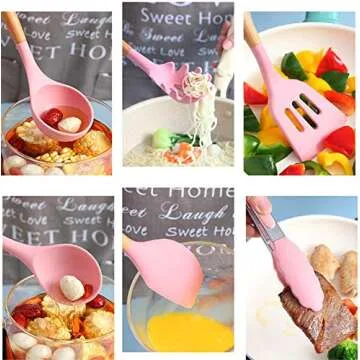 VIVAYO Silicone Cooking Utensil Kitchen Utensils Set, 12 Pieces Silicone Kitchen Utensil Wooden Handles, Kitchen Spatula Sets with Holder Spoon Turner Tongs, Pink