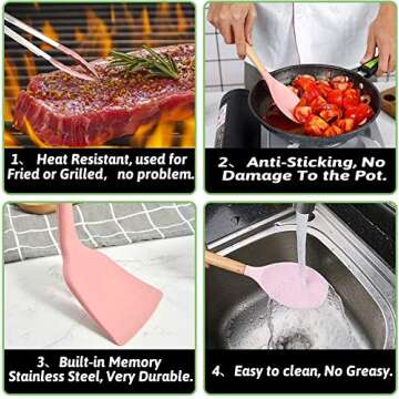 VIVAYO Silicone Cooking Utensil Kitchen Utensils Set, 12 Pieces Silicone Kitchen Utensil Wooden Handles, Kitchen Spatula Sets with Holder Spoon Turner Tongs, Pink