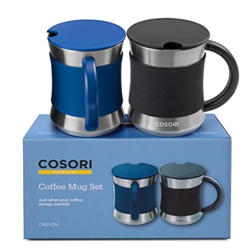 COSORI Coffee Mug with Lids Set of 2, Stainless Steel Cups with Heat-resistant Handle & Slip-resista...