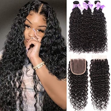 Water Wave Bundles With Closure Free Part Wet and Wavy Unprocessed Virgin Human Hair 100% Human Hair...