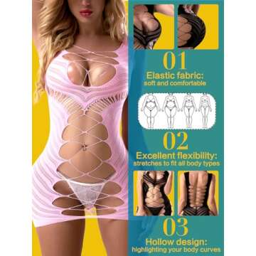 FasiCat Sexy Lingerie for Women Fishnet Halter Chemise Deep V Hot Mesh Mini Dress Bodysuit Pink