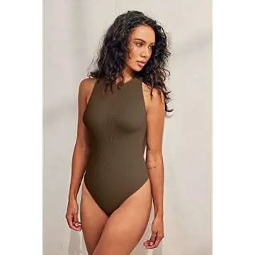 TOB Women's 3 Piece Bodysuits Sexy Ribbed Sleeveless Halter Neck Shapewear Bodysuits Black Coffee White